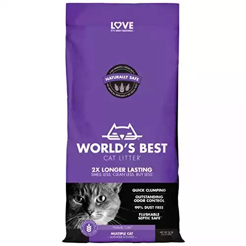 WORLD’S BEST CAT LITTER Multiple Cat Lavender Scented 32-Pounds – Natural Ingredients, Quick Clumping, Flushable, 99% Dust Free & Made in USA – Calming Fragrance & Long-Lasti...