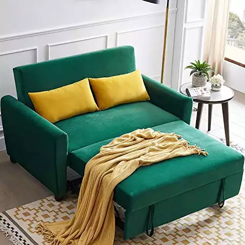 COODENKEY Velvet Convertible Sleeper Sofa: Pull Out Couch with Adjustable Backrest, 2 Pillows, Dark Green